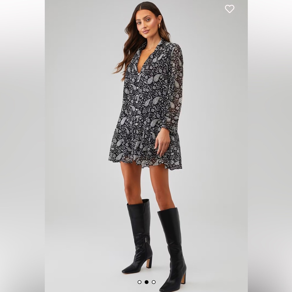 Sz XS Cleobella Betz Mini dress black white paisley long sleeve button down